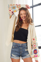 ADORA Full Size Contrast Crochet Open Front Long Sleeve Cardigan - Charming Charlie