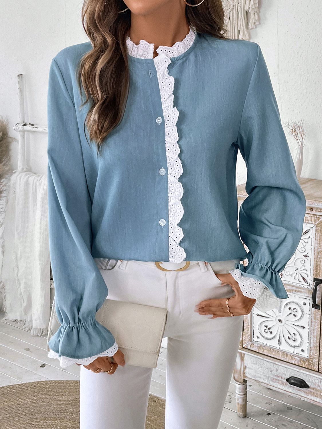 Perfee Lace Detail Button Down Long Sleeve Shirt - Charming Charlie
