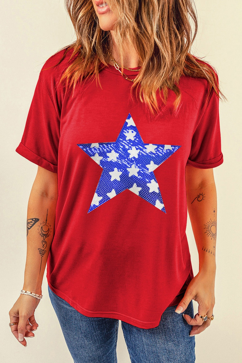 Sequin Star Round Neck Short Sleeve T-Shirt - Charming Charlie