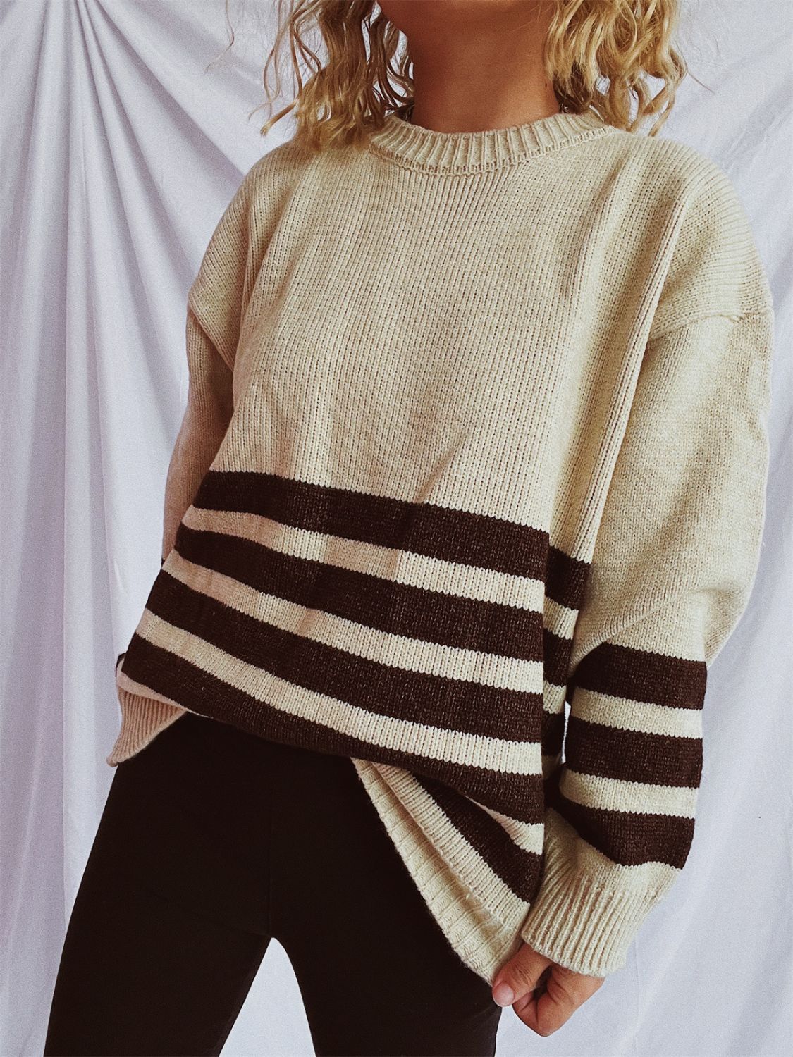 Striped Dropped Shoulder Long Sleeve Sweater - Charming Charlie