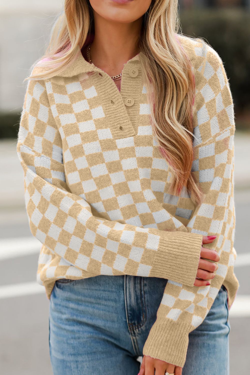 Checkered Collared Neck Long Sleeve Sweater - Charming Charlie