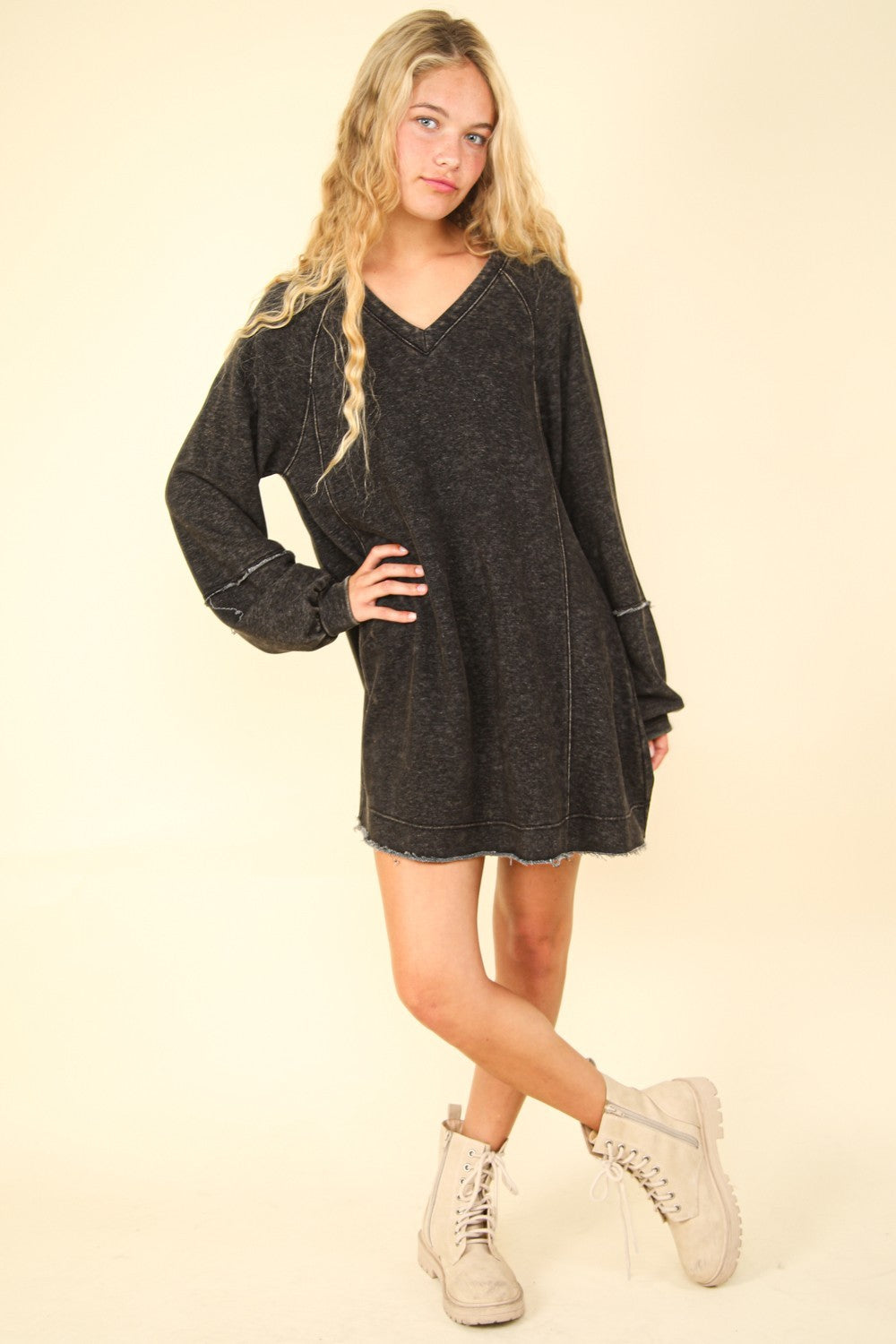 VERY J Mineral Washed Oversized A-Line Mini Dress - Black / S VERY J Mineral Washed Oversized A-Line Mini Dress - Black / S