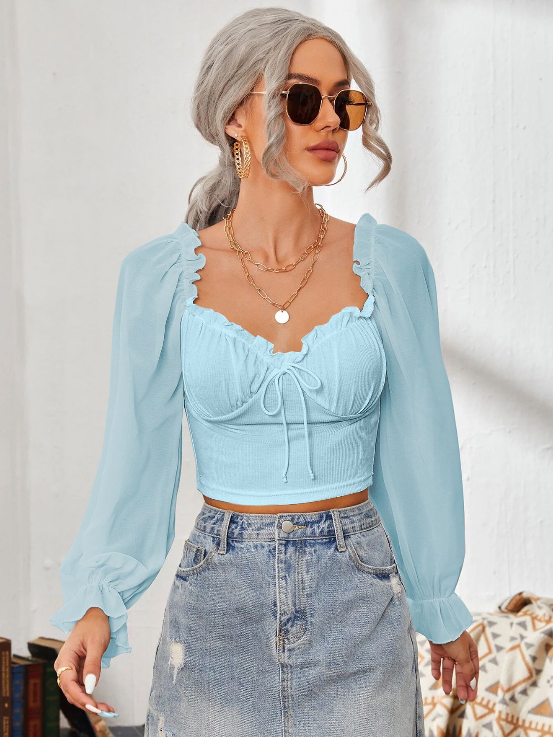 Mesh Sweetheart Neck Flounce Sleeve Top - Charming Charlie