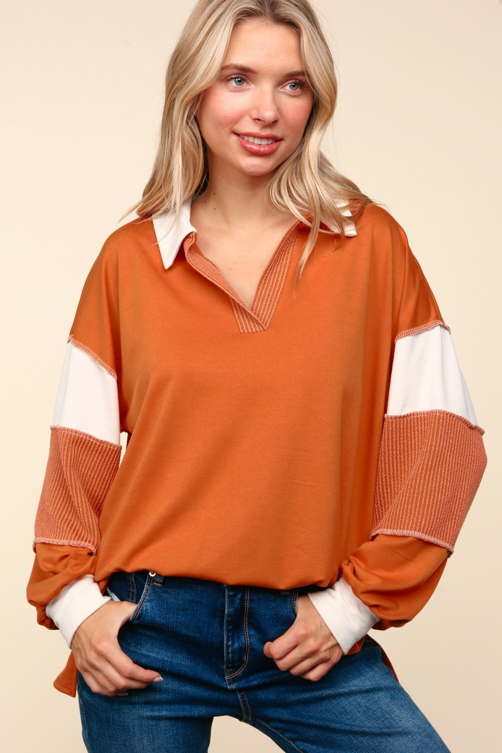 Haptics Color Block Exposed Seam Long Sleeve Top - Charming Charlie