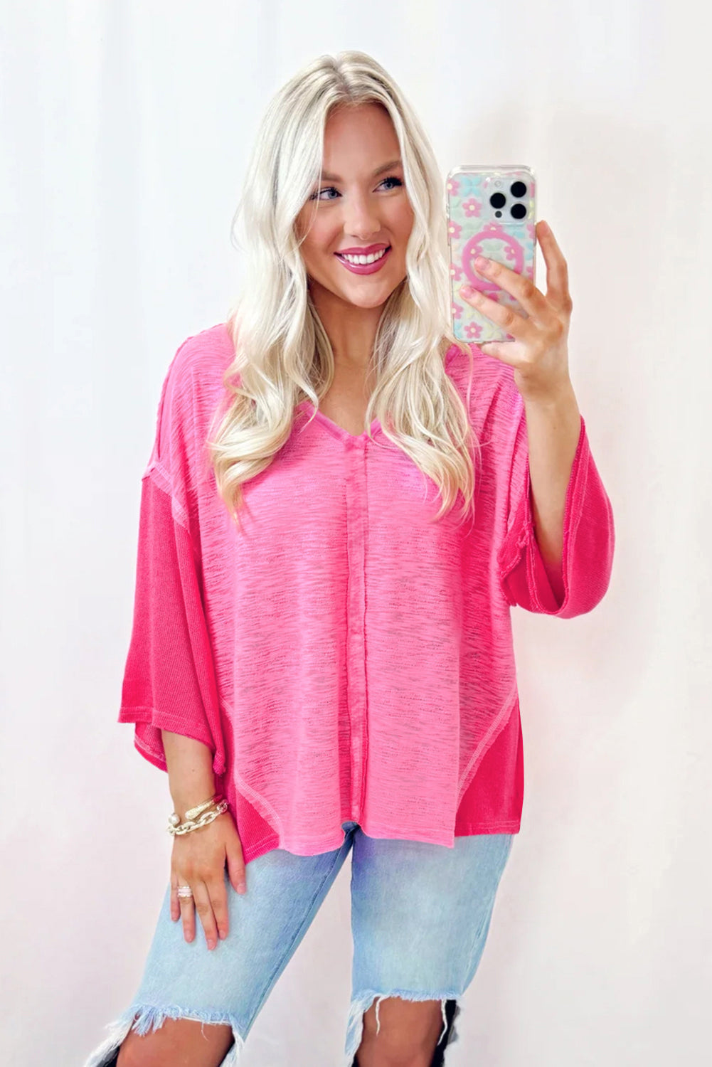 Exposed Seam V-Neck Three-Quarter Sleeve Blouse - Charming Charlie