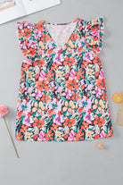 Ruffled Printed V-Neck Cap Sleeve Blouse - Charming Charlie