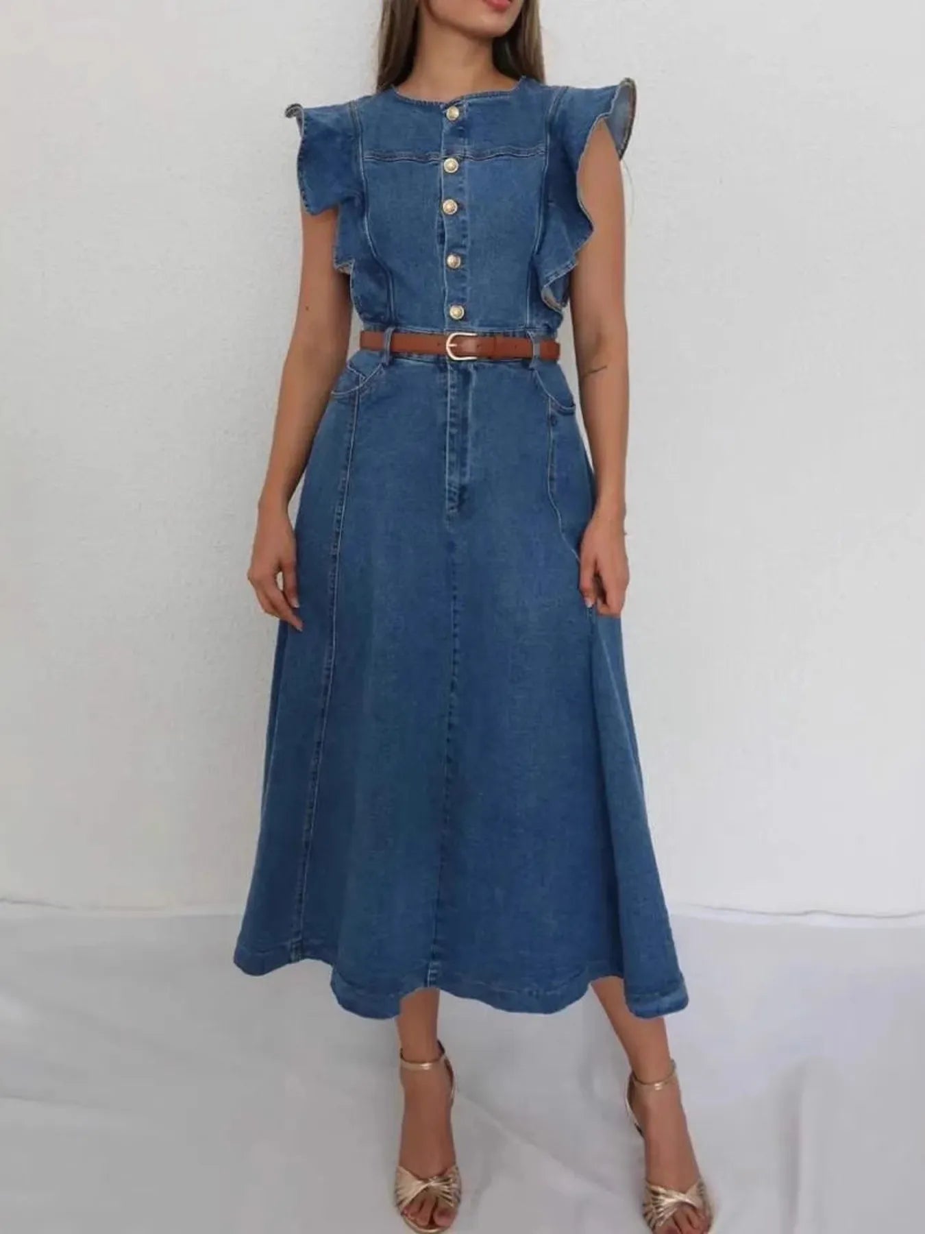 Button-Front Ruffle Sleeve Denim Midi Dress Blue / M