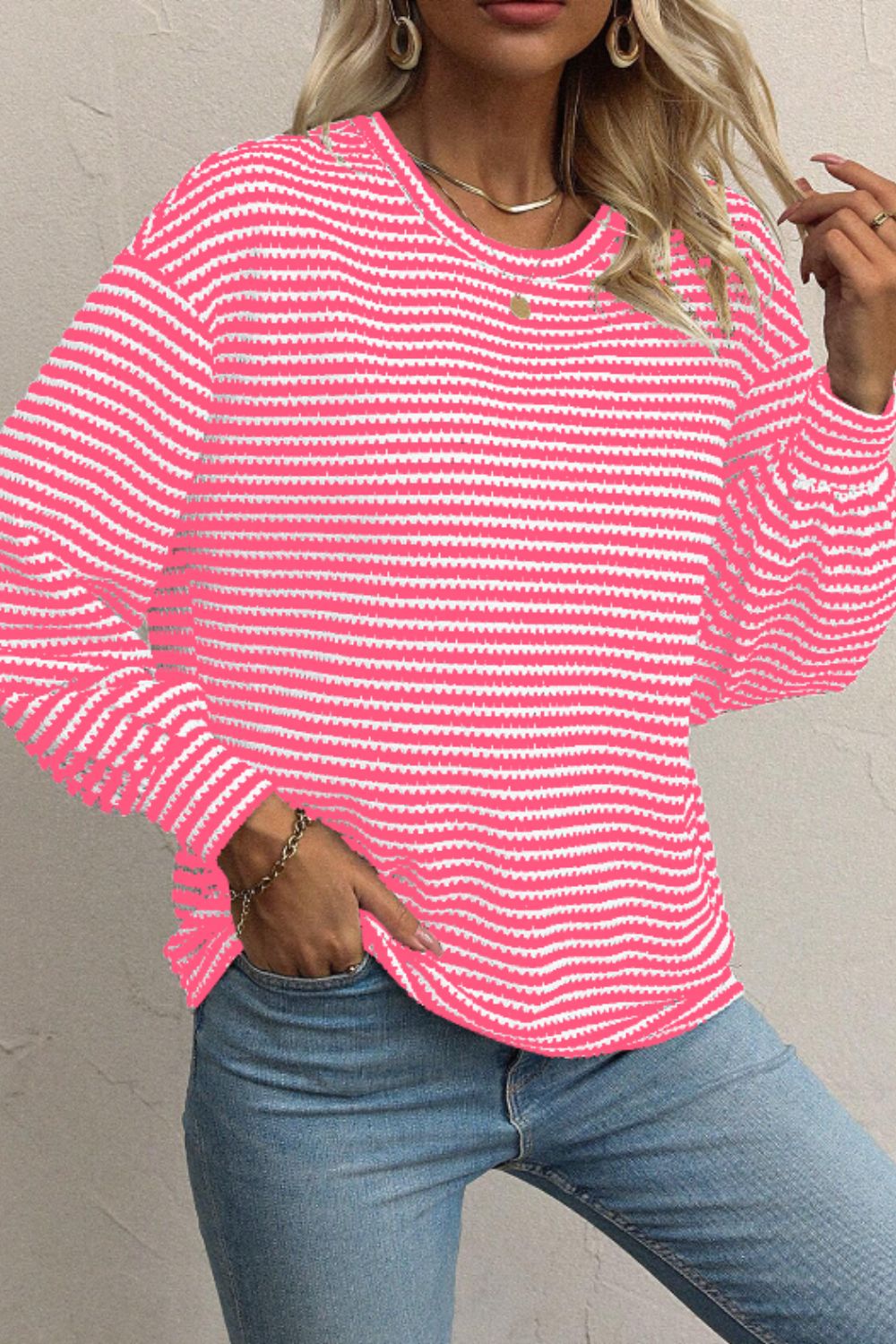 Striped Round Neck Long Sleeve Top - Charming Charlie