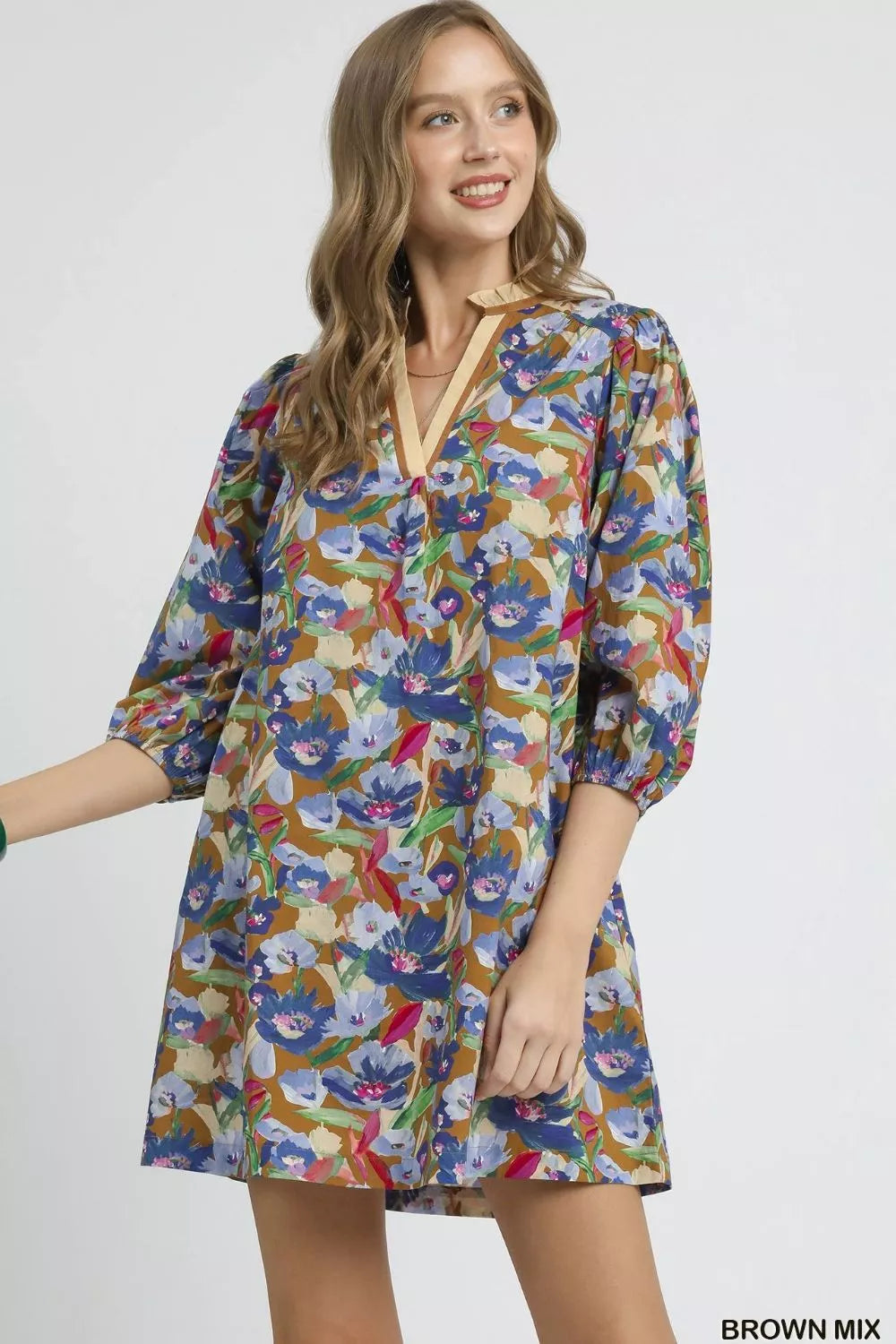 Umgee Boho Floral Balloon Sleeve Mini Dress - BROWN MIX / S