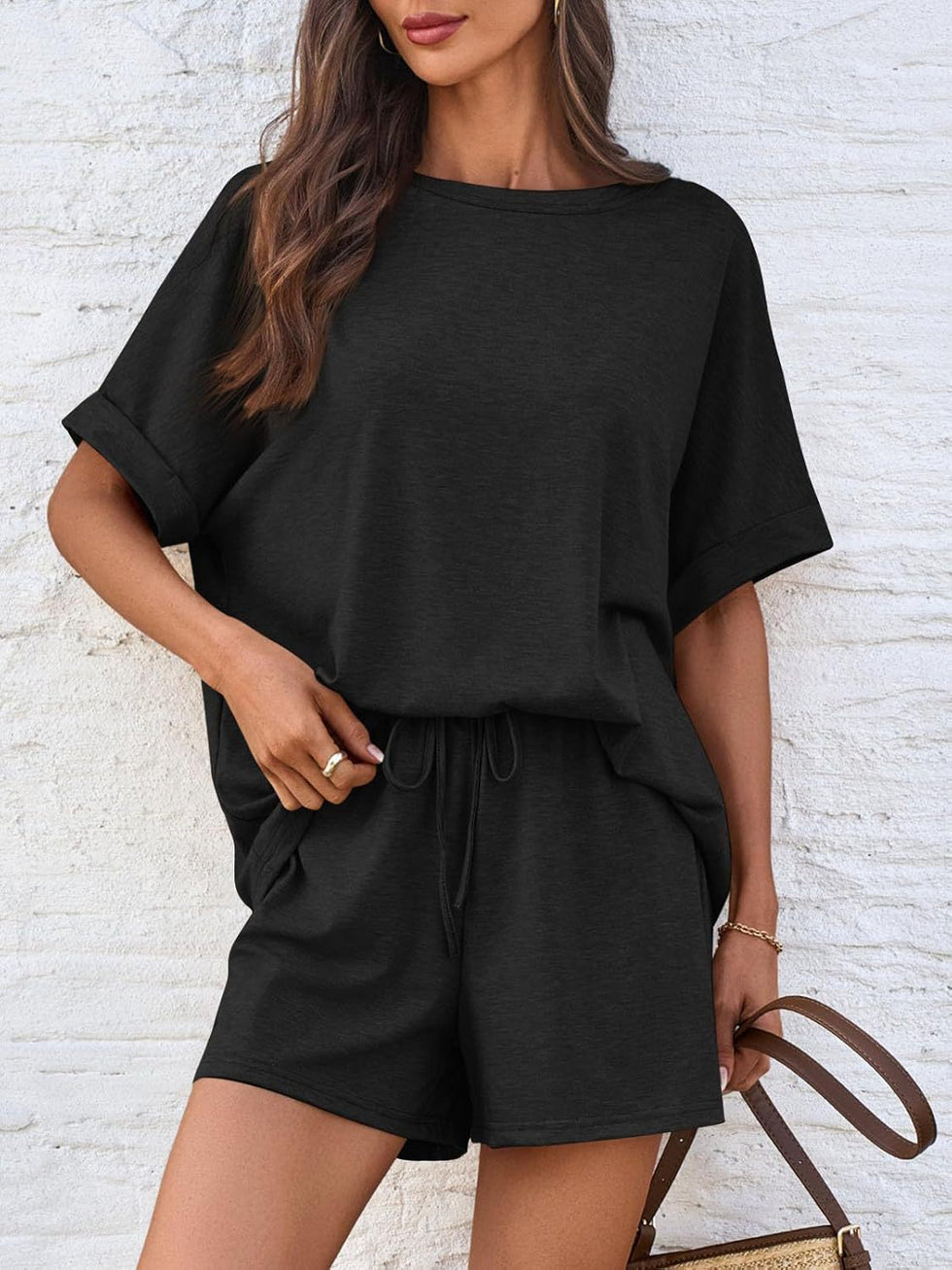 Round Neck Top and Drawstring Shorts Set main image 0