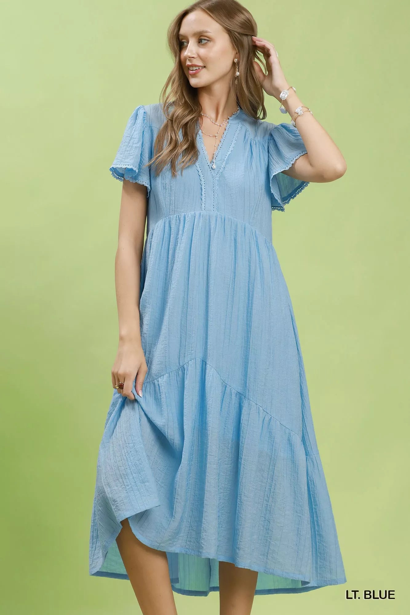 Umgee Textured Tiered Midi Dress with Side Pockets LT. BLUE / M