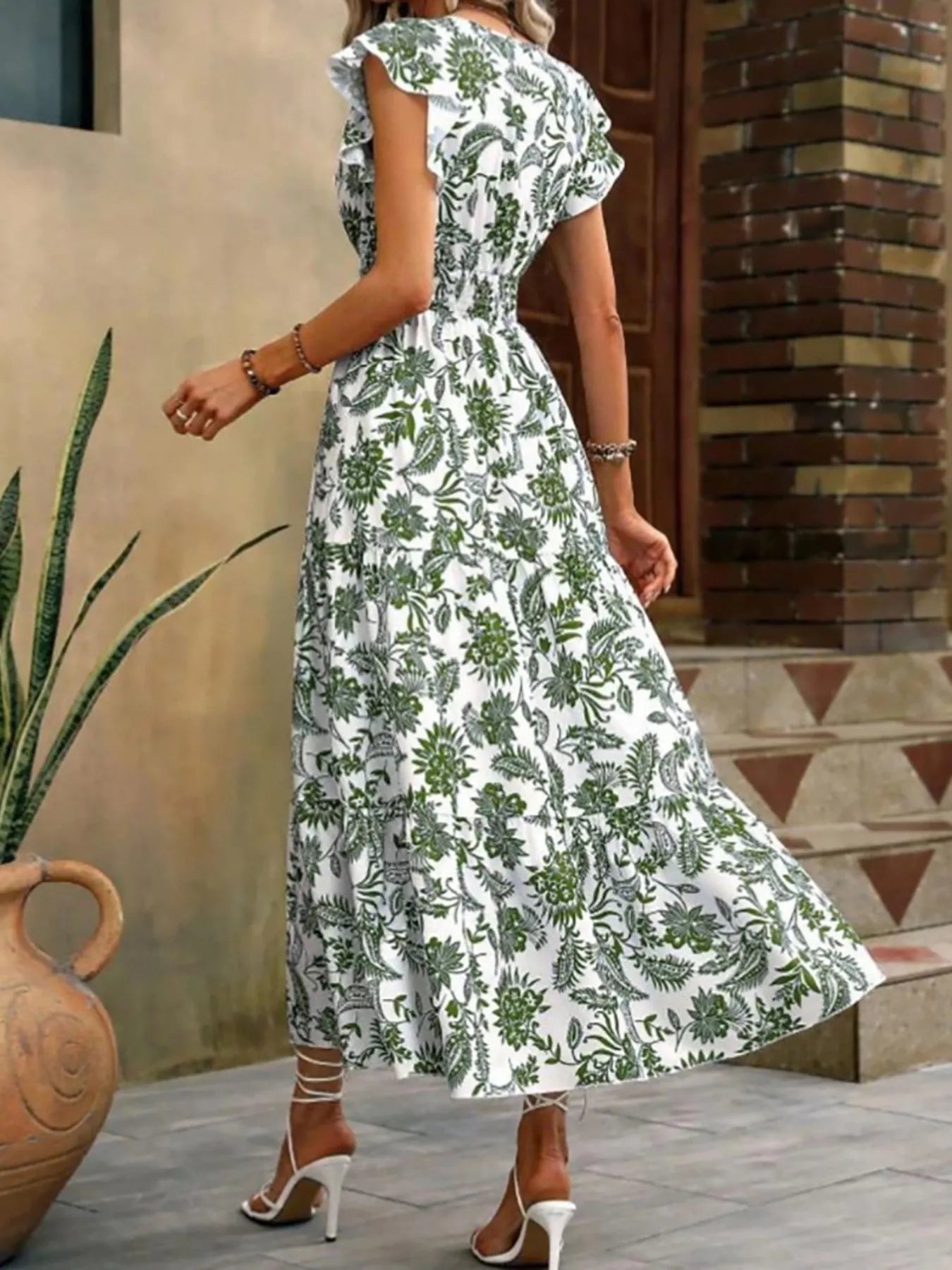 Floral Print Ruffle Sleeve Midi Dress Moss / S