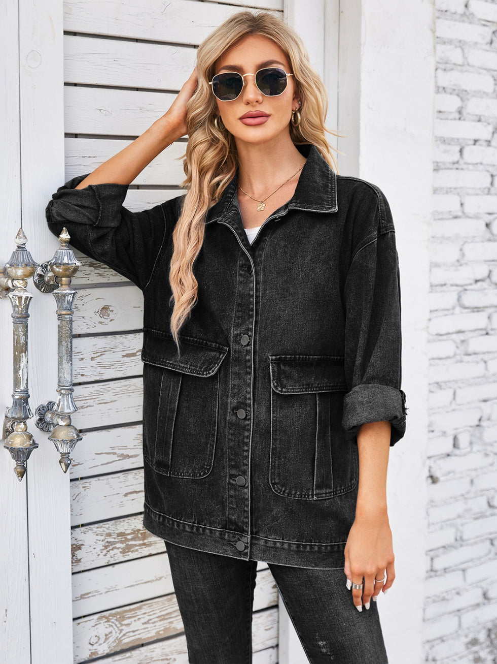 Button Up Cap Sleeve Denim Jacket main image 0