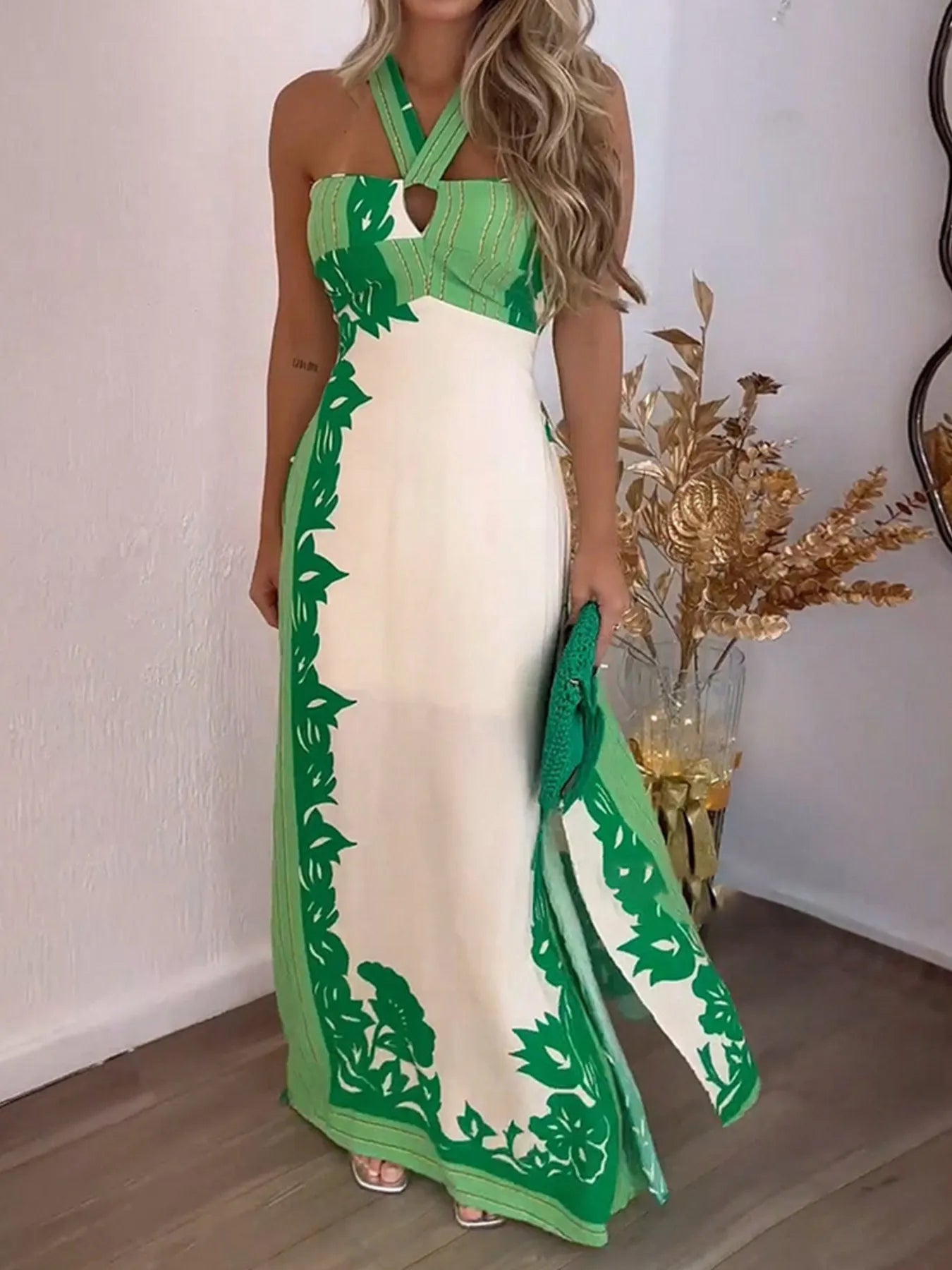 green leaf print maxi dress Halter Neck Leaf Print Maxi Dress Green / M