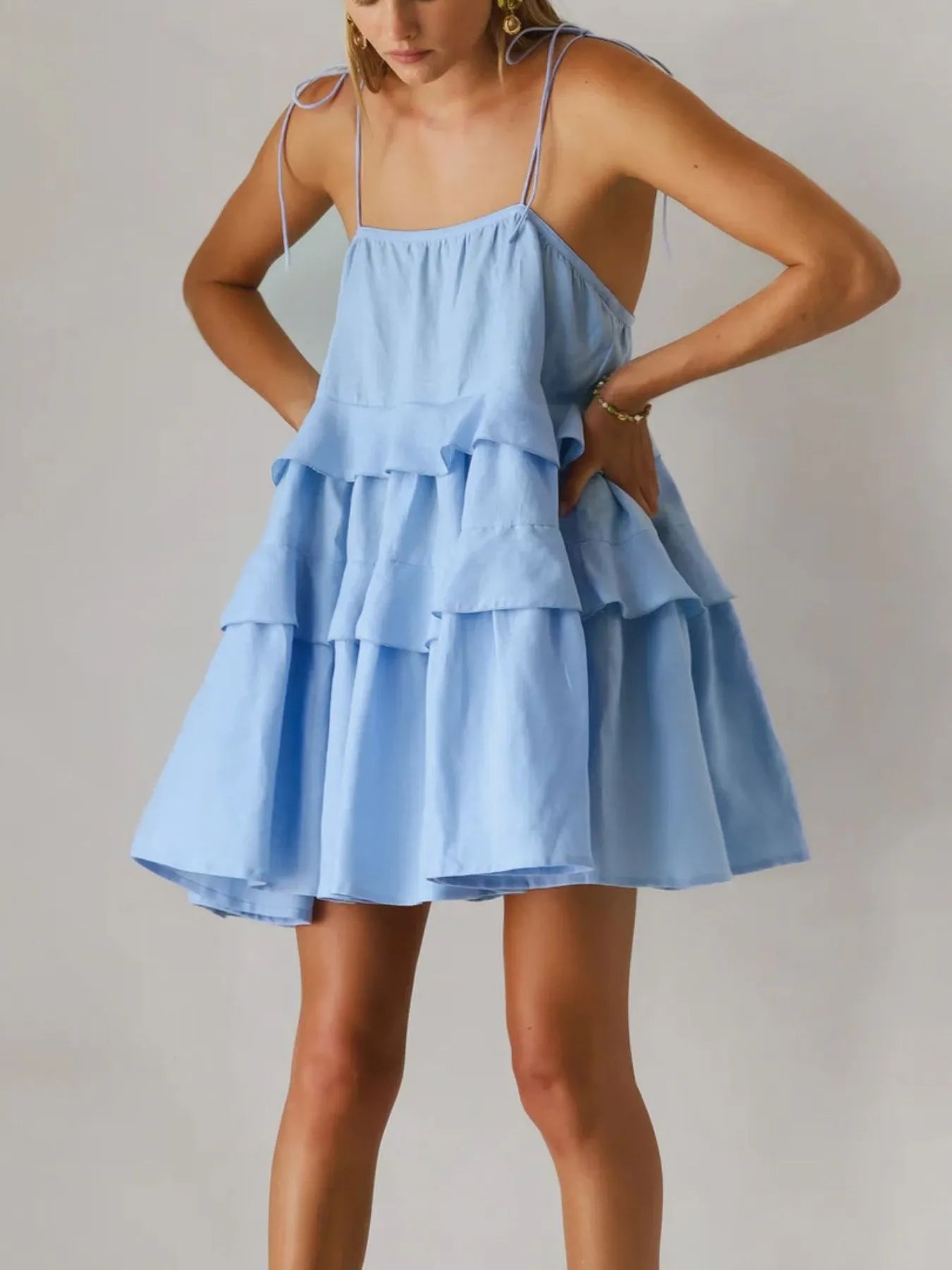 Ruffle Layered Tie Shoulder Cami Dress Blue / L