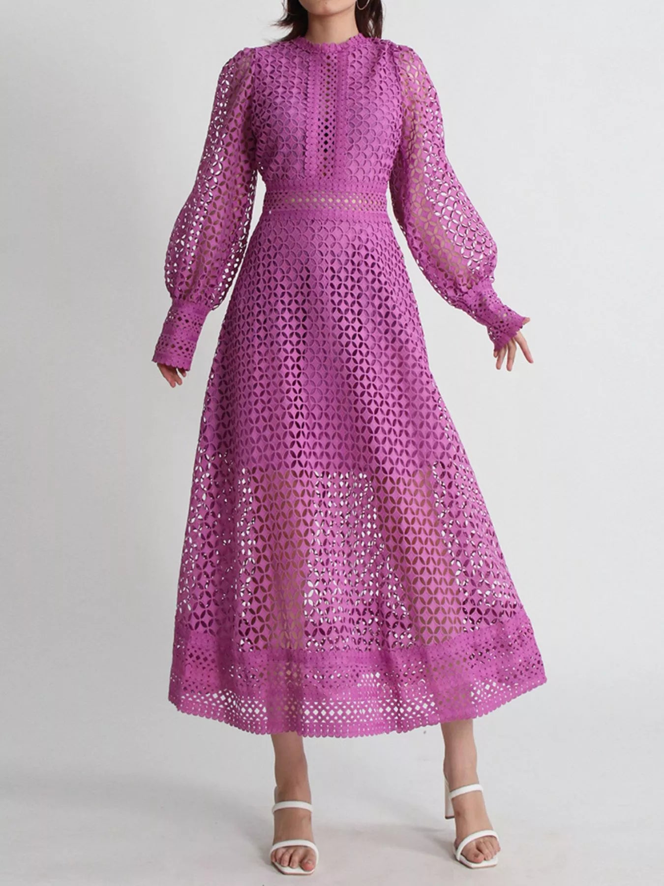 knee length dresses for ladies Pearl Embellished Collar Lace Midi Dress PURPLE BLUE from INA