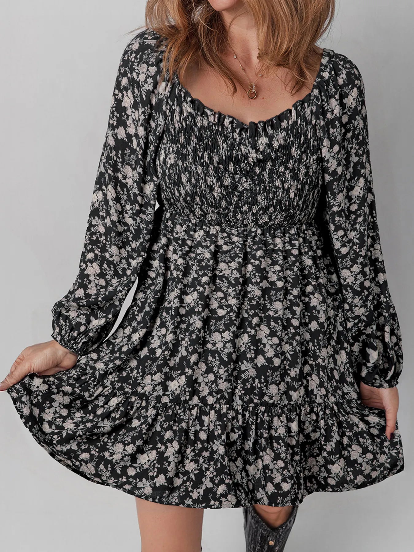 Floral Long Sleeve Frilly Shirred Mini Dress Black / XL