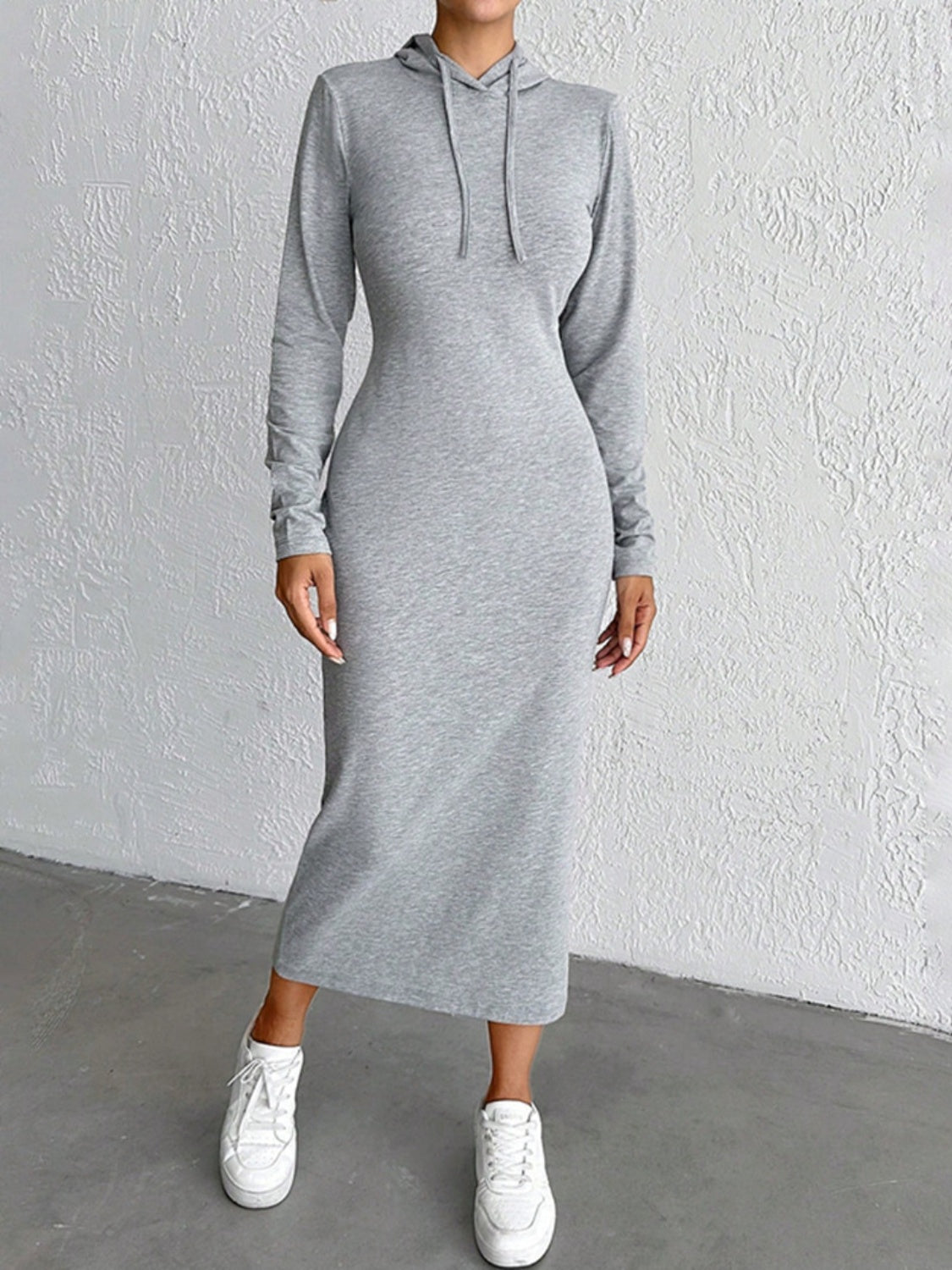 Drawstring Long Sleeve Hooded Midi Dress Gray / L Drawstring Long Sleeve Hooded Midi Dress Gray / L