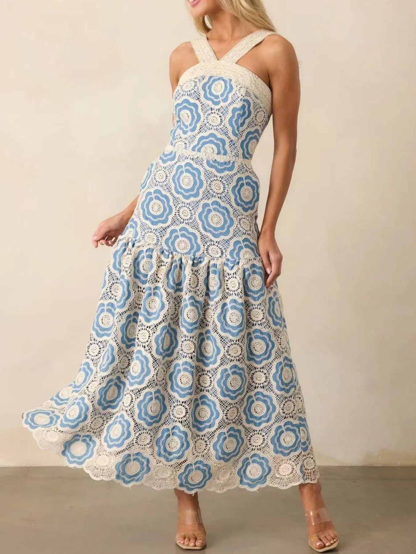 knee length dresses for ladies Summer Floral Print Sleeveless Tiered Midi Dress with High Low Hem – Kobe  Lou Inc main image 1