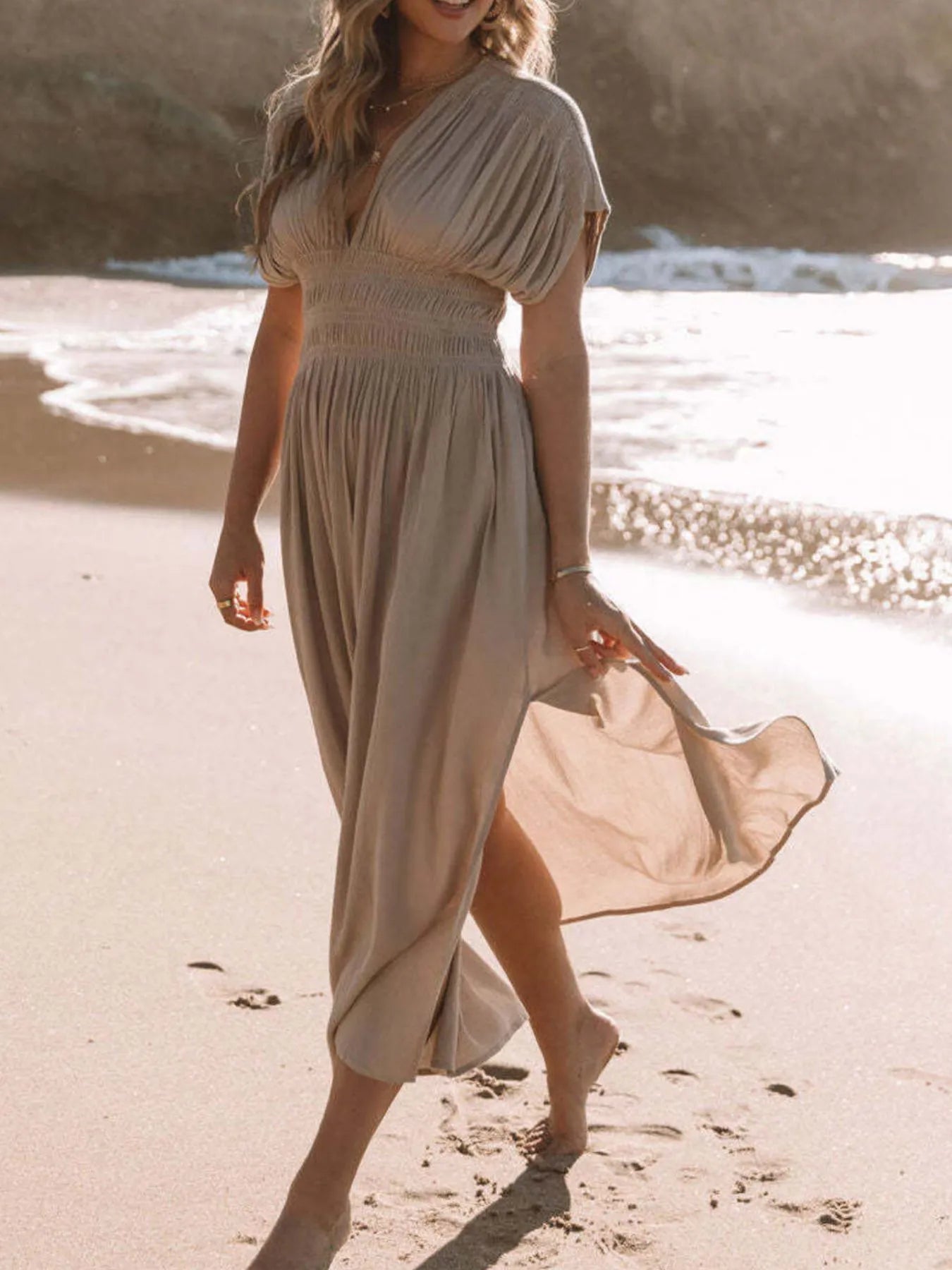 long tan maxi dress Full Size Deep V-Neck Maxi Dress with Side Slit Plus Size – Charming Charlie