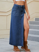 Slit Buttoned Denim Skirt with Pockets - Charming Charlie