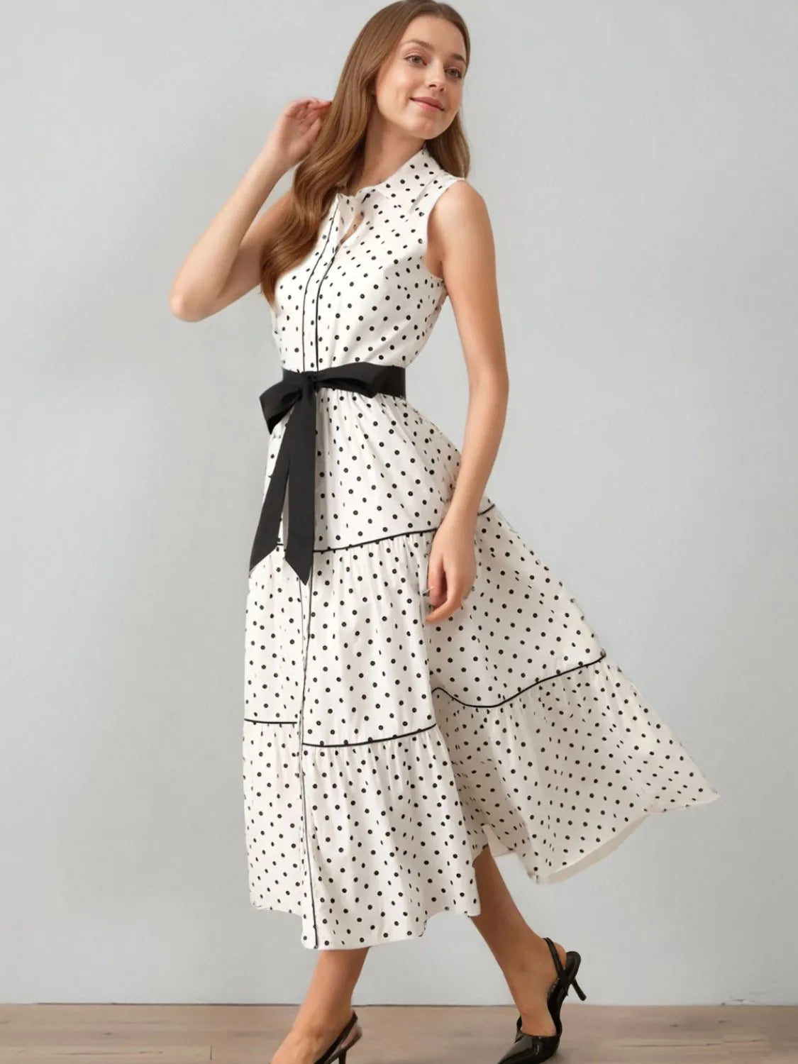 midi shirt dress dot Polka Dot Sleeveless Midi Shirt Dress White / M