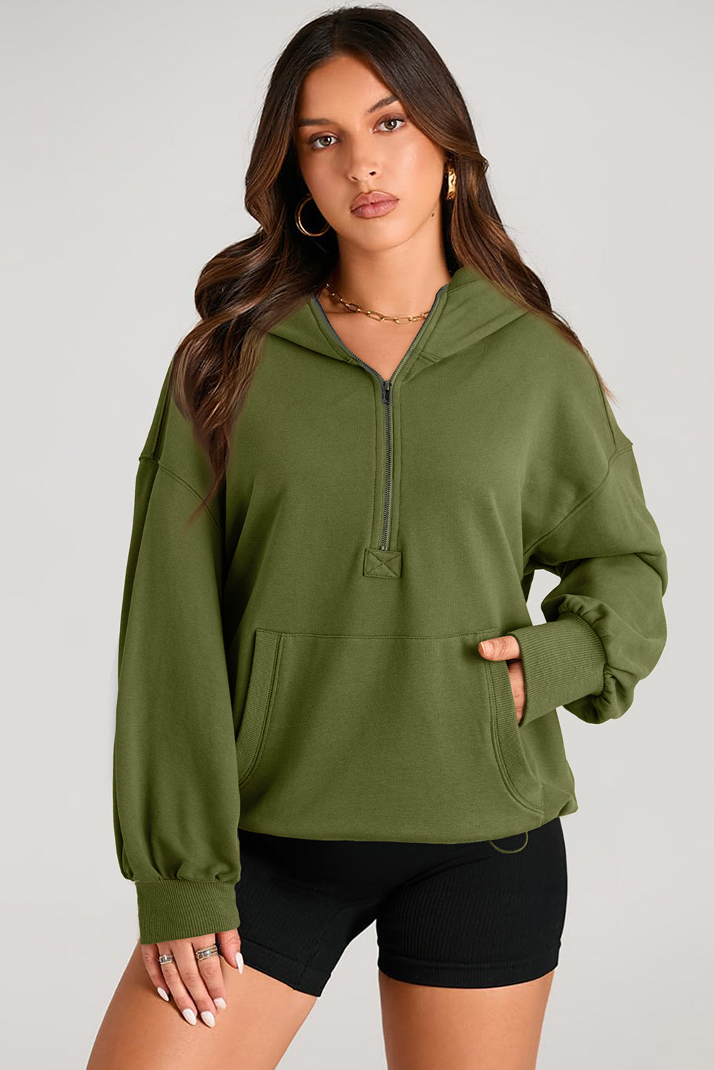 Pocketed Half Zip Long Sleeve Hoodie - Charming Charlie