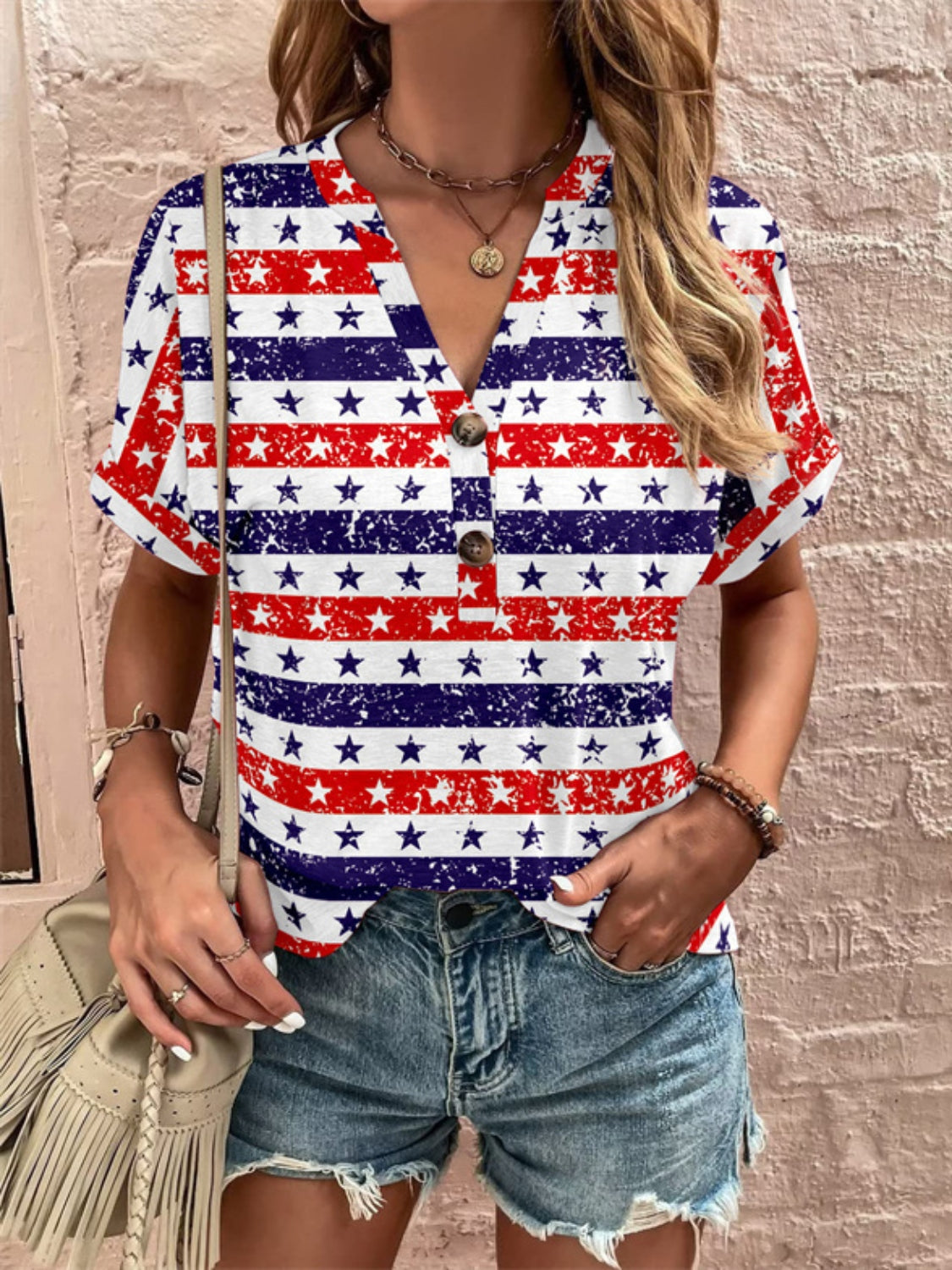 Full Size Printed Notched Short Sleeve Blouse - Charming Charlie