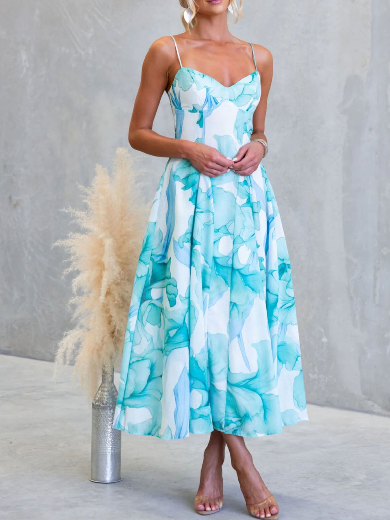 thin strap midi dress Floral Print Spaghetti Strap Midi Dress Blue / M