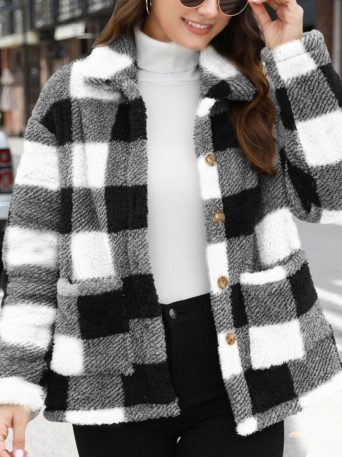 Button Up Drop Shoulder Fuzzy Jacket - Charming Charlie