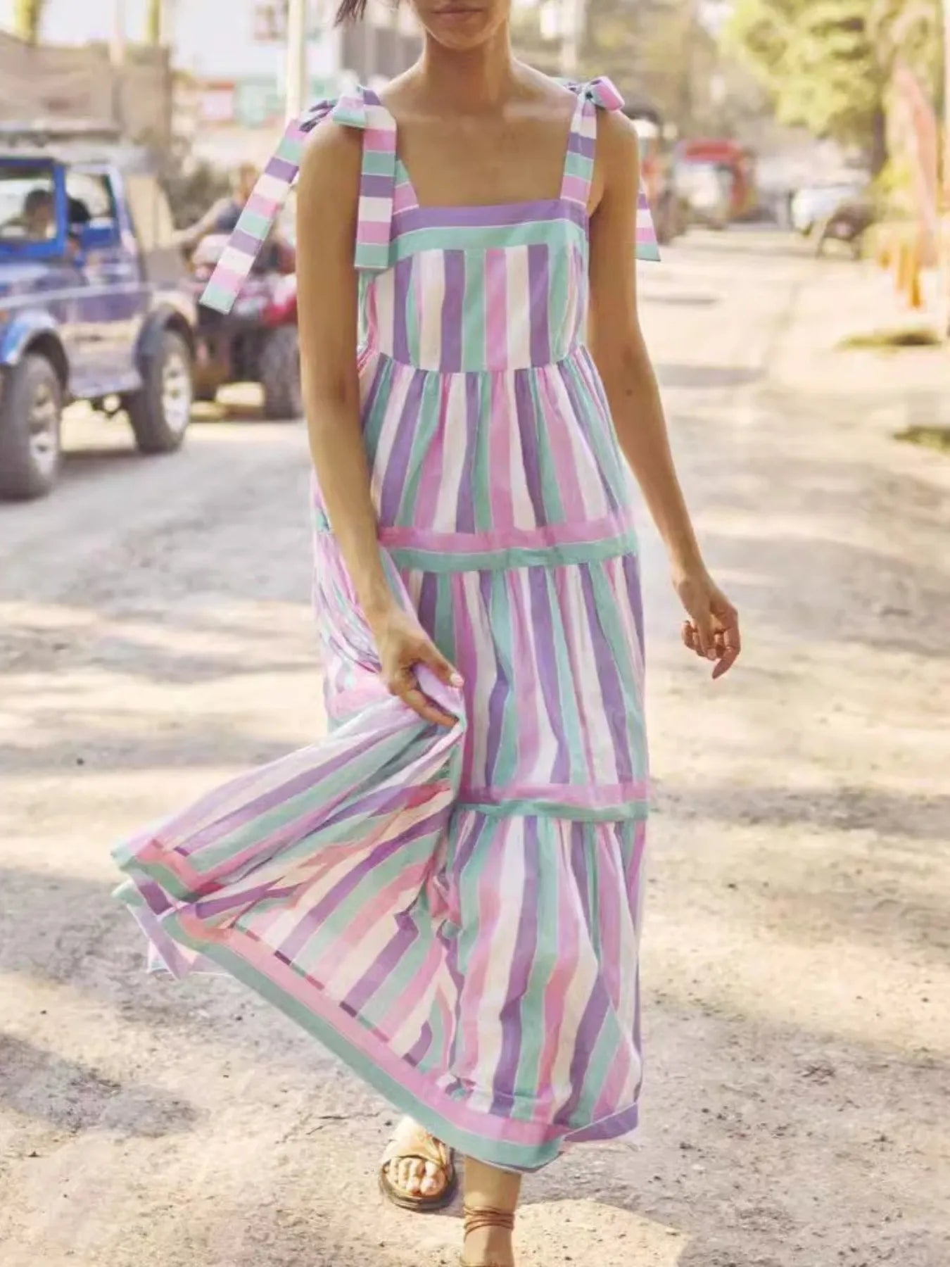 striped summer maxi dress Striped Tiered Maxi Summer Dress with Bow Shoulder Ties Pink Purple / M