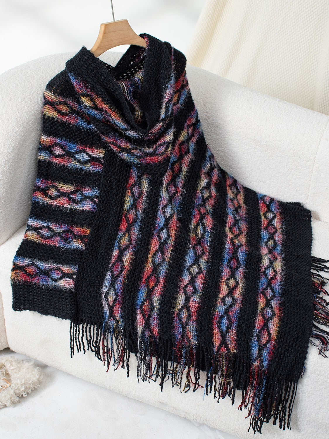 Fringe Contrast Hooded Poncho - Charming Charlie