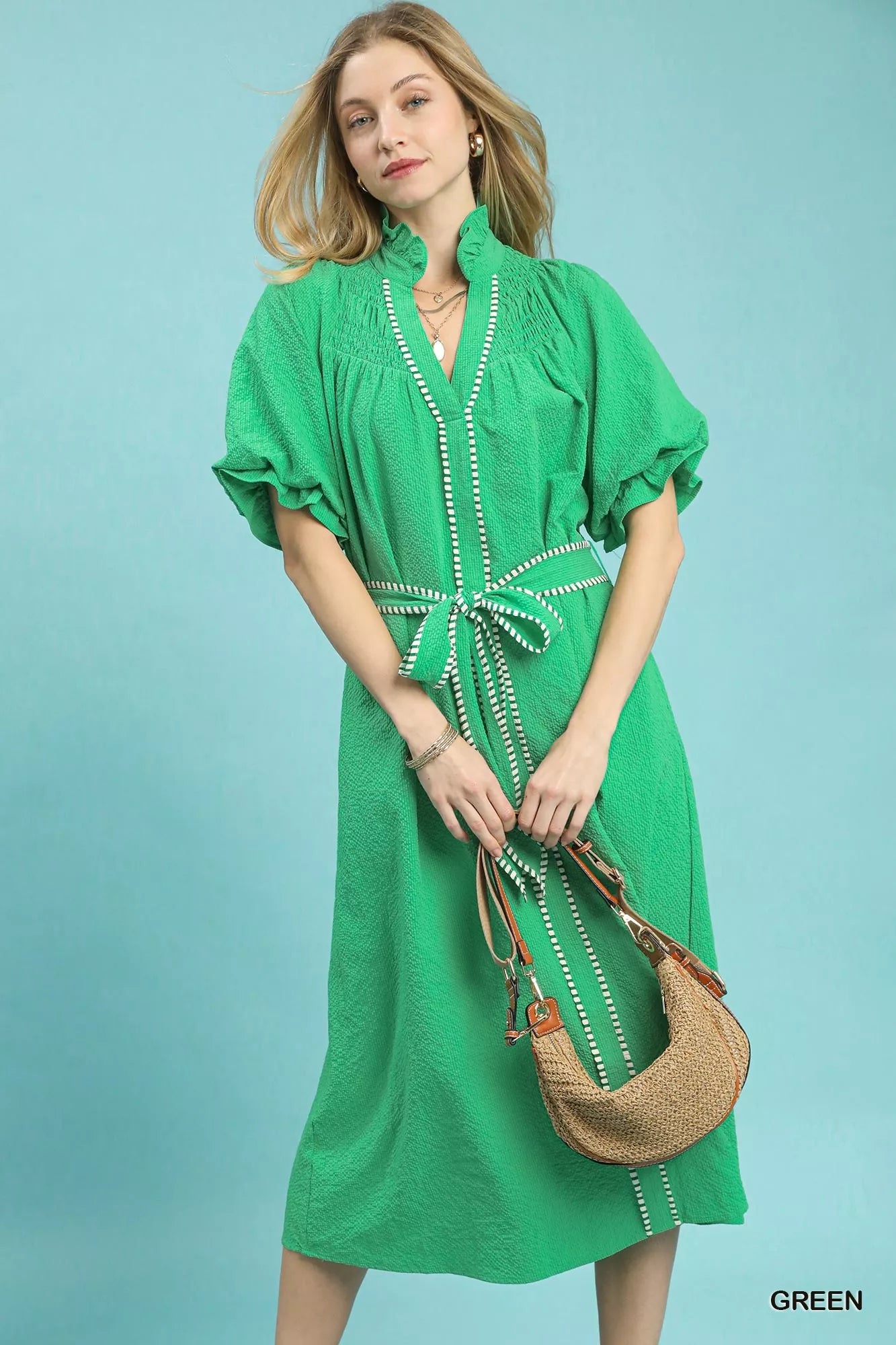 knee length dresses for ladies Brown Printed Split Ruffle Collar Midi Dress main image 0