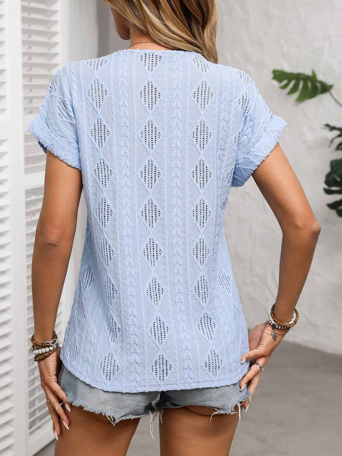 Openwork V-Neck Short Sleeve T-Shirt - Charming Charlie