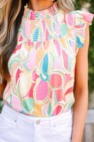 Ruffled Printed Mock Neck Cap Sleeve Blouse - Charming Charlie