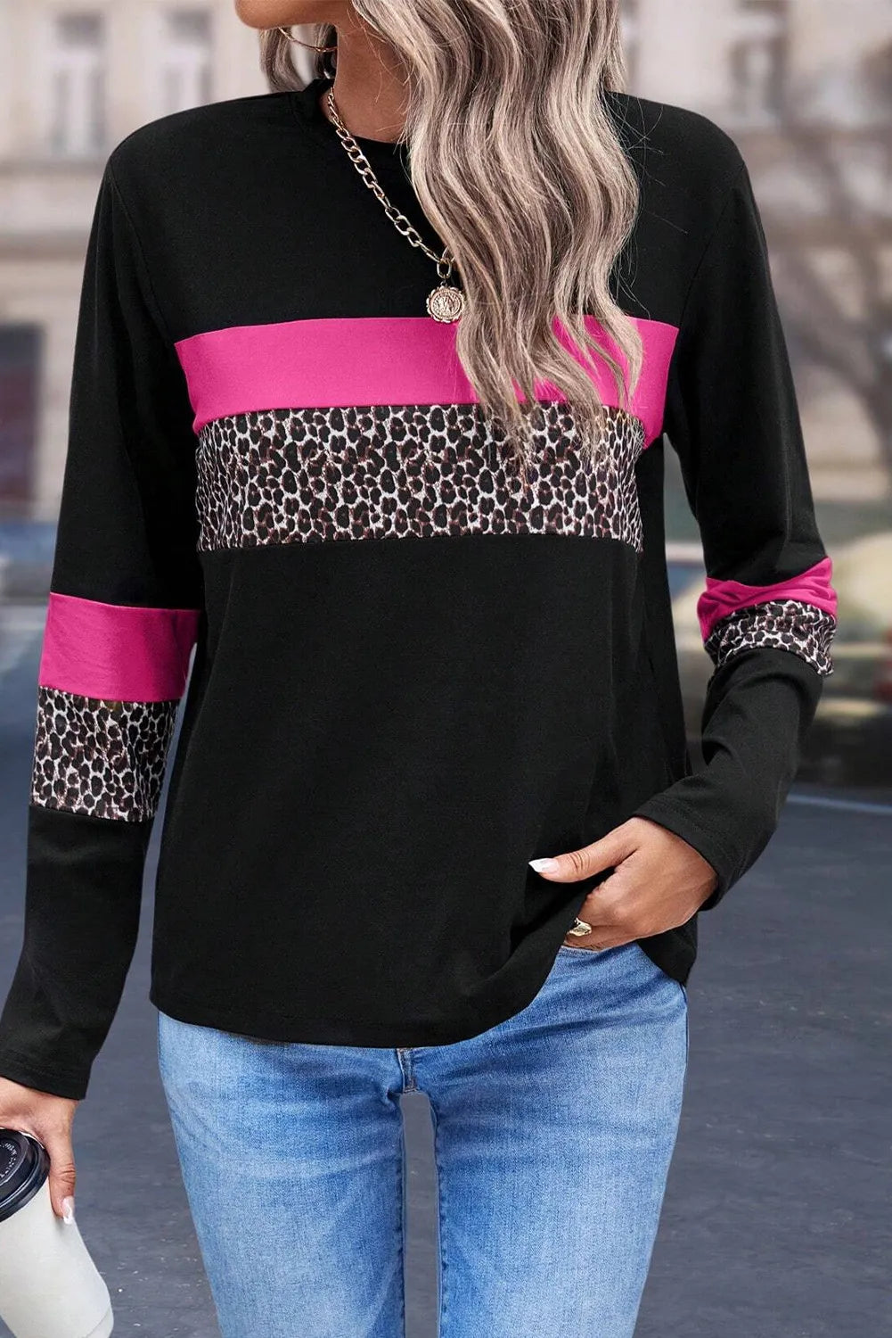 Leopard Round Neck Long Sleeve Blouse - Charming Charlie