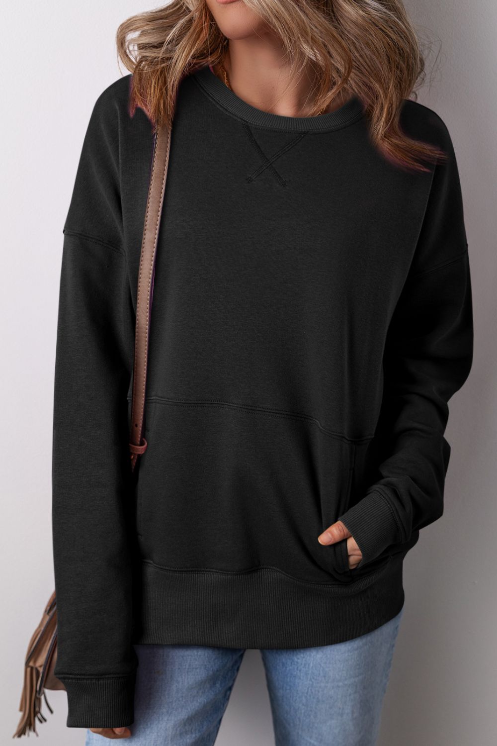Solid Color Round Neck Long Sleeve Sweatshirt - Charming Charlie