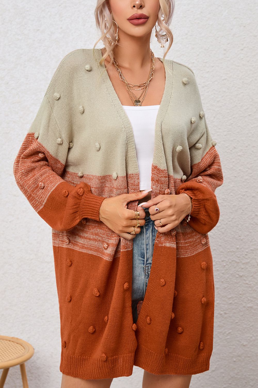Pompom Color Block Open Front Cardigan - Charming Charlie