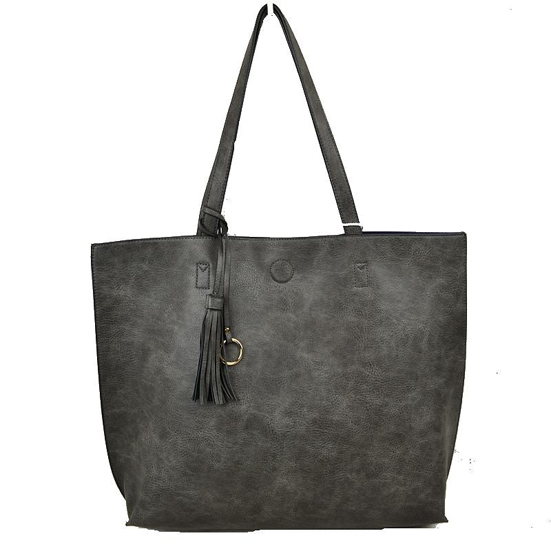 Reversible Faux Leather Tote Bag Vegan Tassel Handbag - Tote Bag