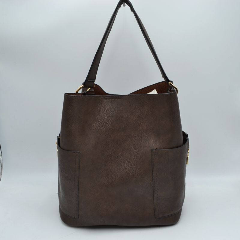 2-in-1 Chic Satchel Side Pocket Bucket Bag with Long Strap - Tote Bag