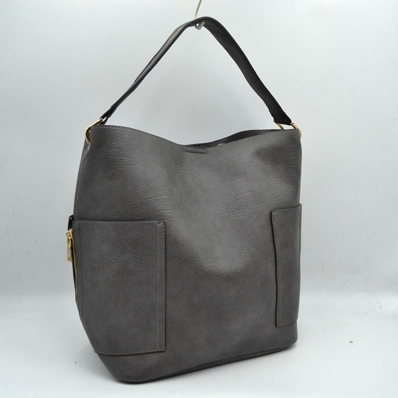 2-in-1 Chic Satchel Side Pocket Bucket Bag with Long Strap - Tote Bag