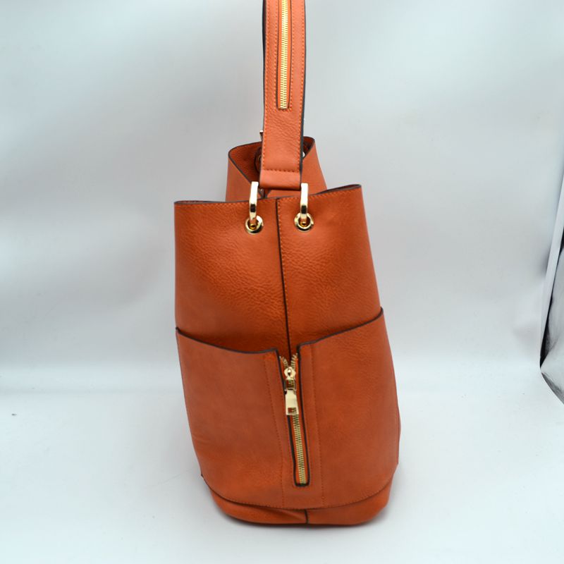 2-in-1 Chic Satchel Side Pocket Bucket Bag with Long Strap - Tote Bag