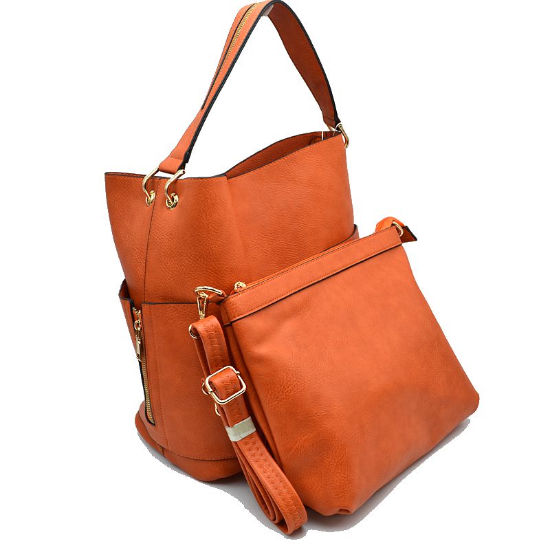 2-in-1 Chic Satchel Side Pocket Bucket Bag with Long Strap - Tote Bag