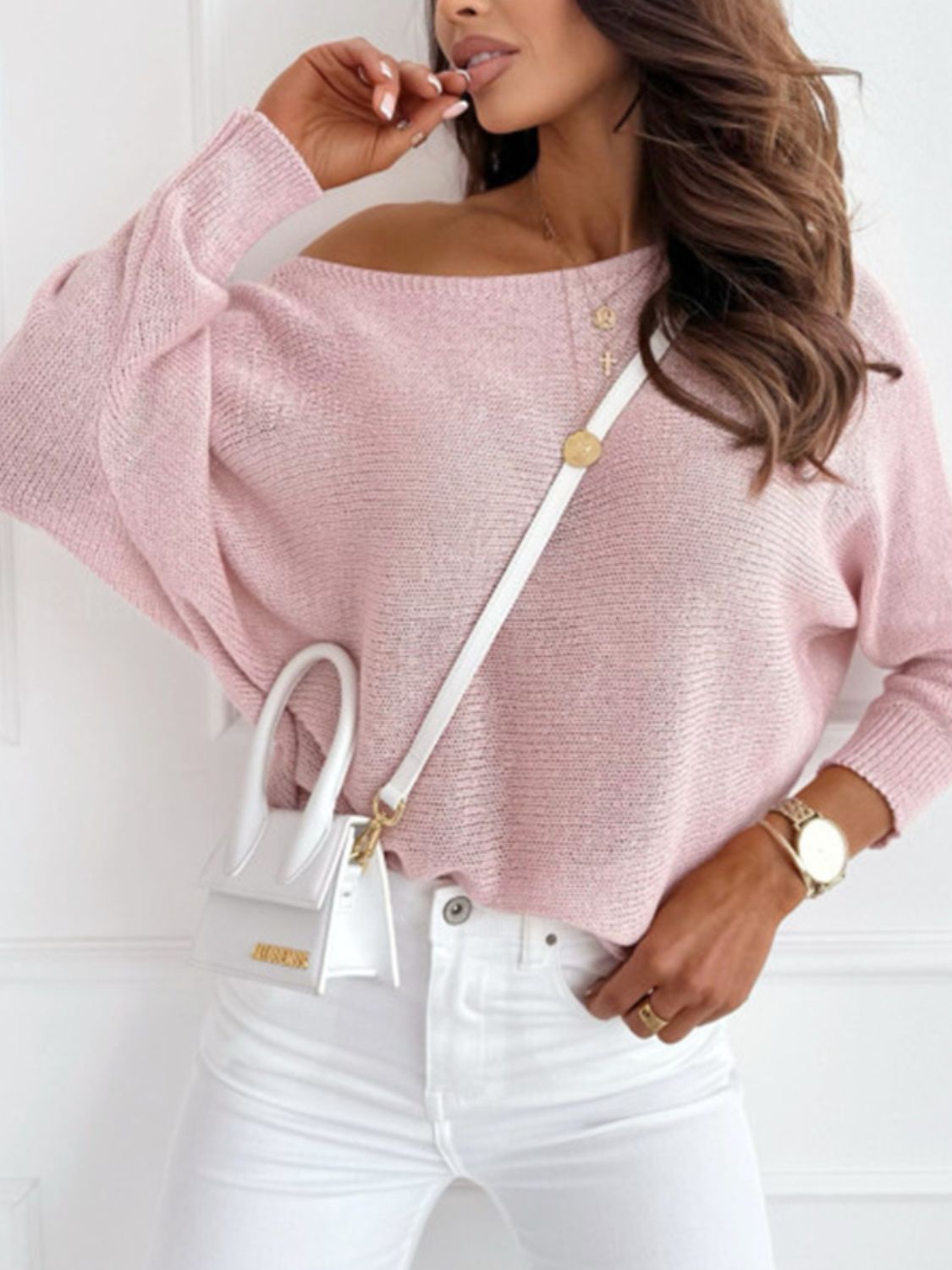 Bow Back Boat Neck Batwing Sleeve Sweater