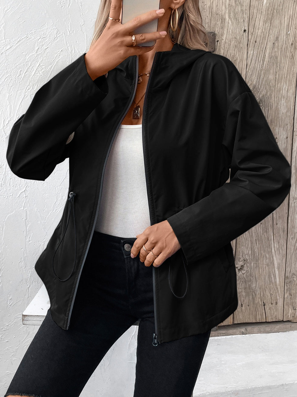 Drawstring Zip Up Long Sleeve Hooded Jacket main image 0