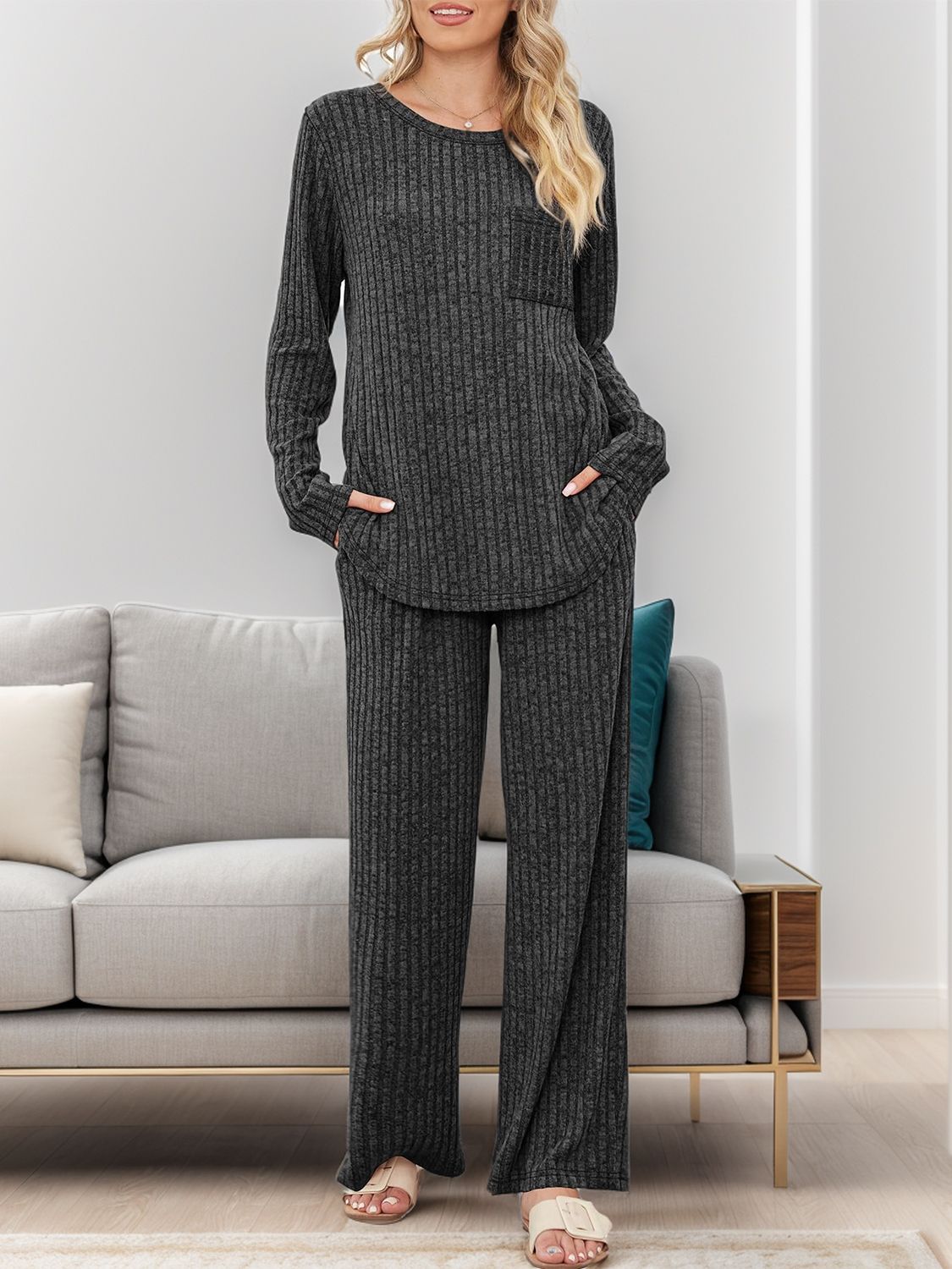 Round Neck Long Sleeve Top and Pants Set - Charming Charlie