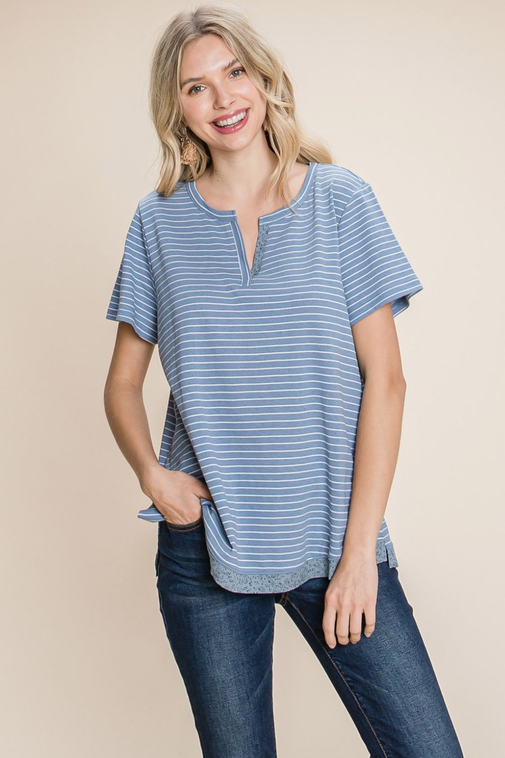 Cotton Bleu by Nu Lab Slit Striped Notched Short Sleeve T-Shirt - Charming Charlie