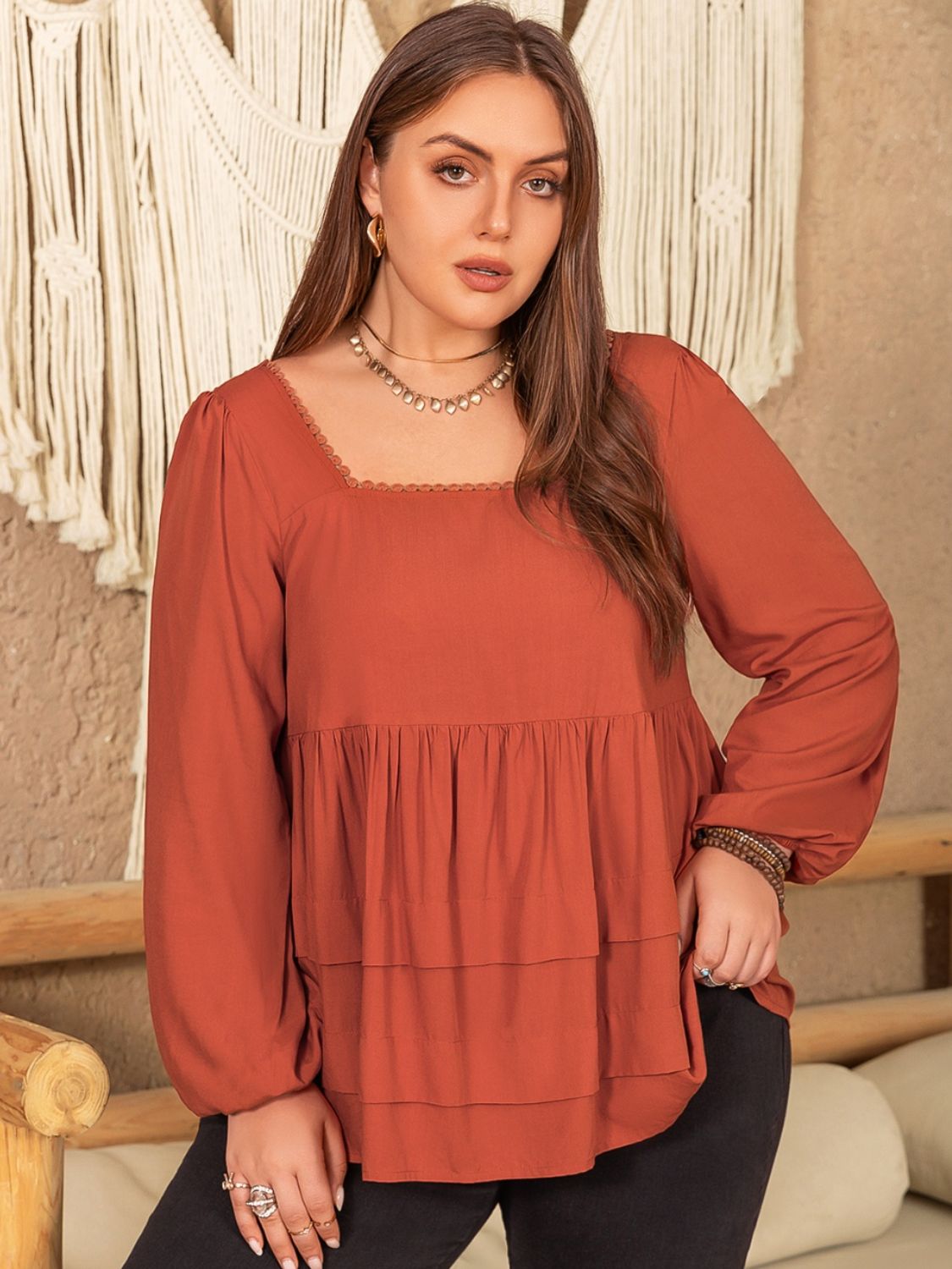 Plus Size Lace Detail Square Neck Long Sleeve Blouse - Charming Charlie
