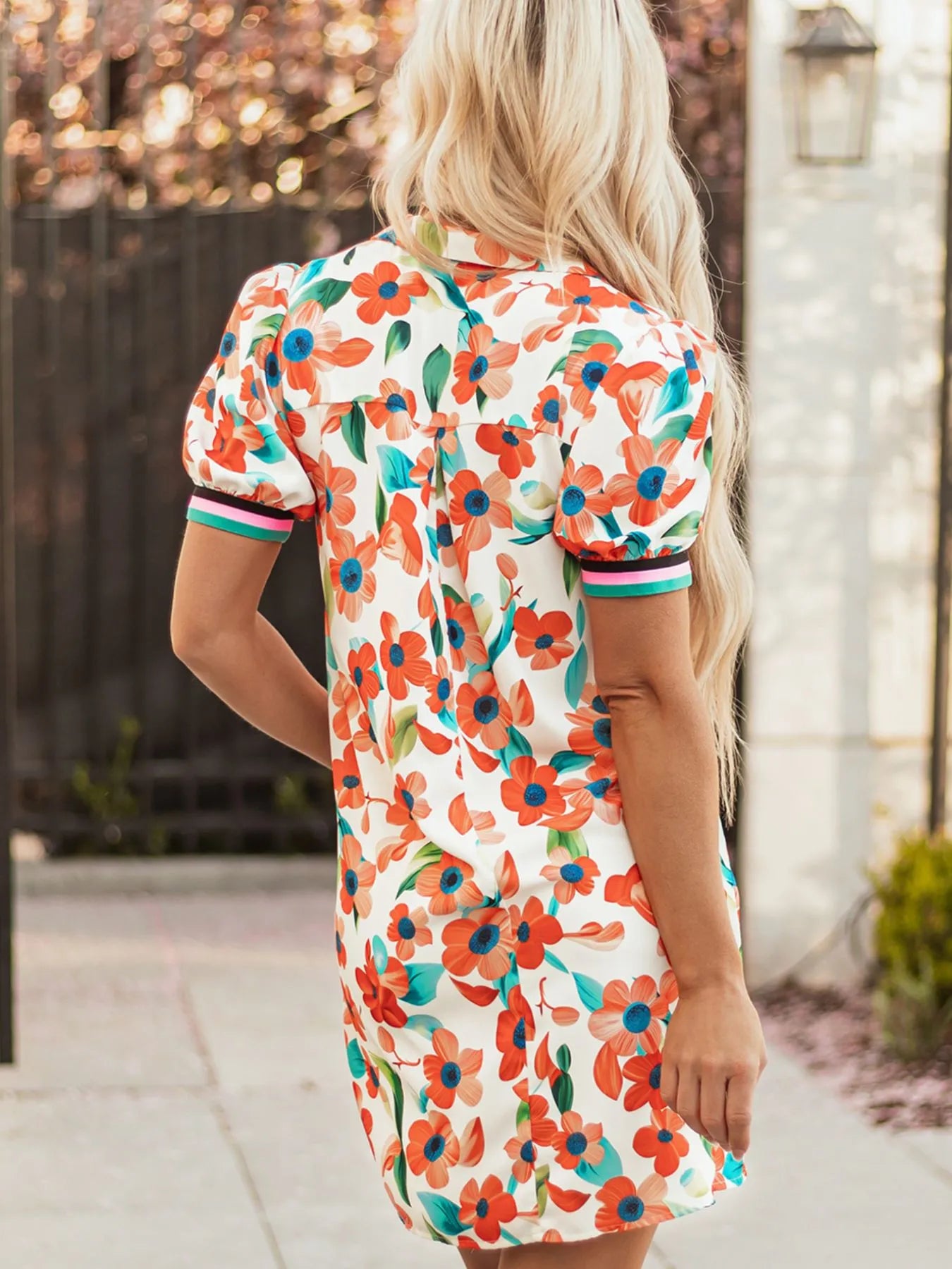 short sleeve tiered mini dress Contrast Trim Floral Split Neck Puff Short Sleeve Tiered Mini Dress Floral / M