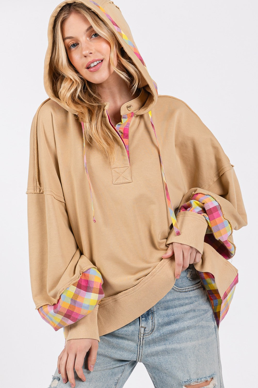 SAGE + FIG Full Size Plaid Print Washed Hoodie - Charming Charlie